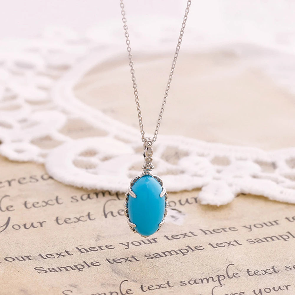 Emotional Factory 925 Sterling Silver 14K Gold Plated Gem Stone Gemstone Retro Egg Stone Artificial Turquoise Necklace