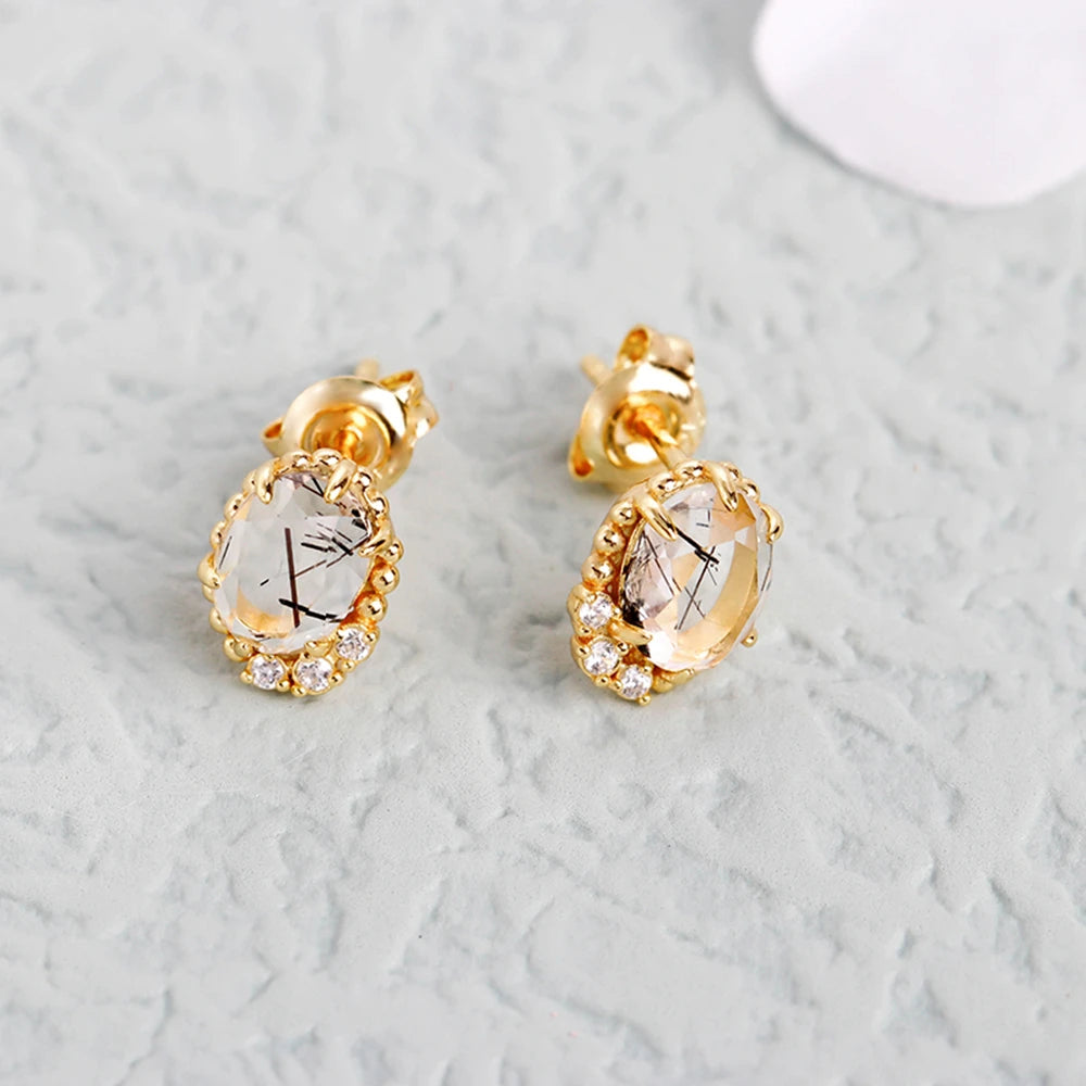 Landscape Zircon Natural Black Quartz Rutilated Hair Crystal Earrings