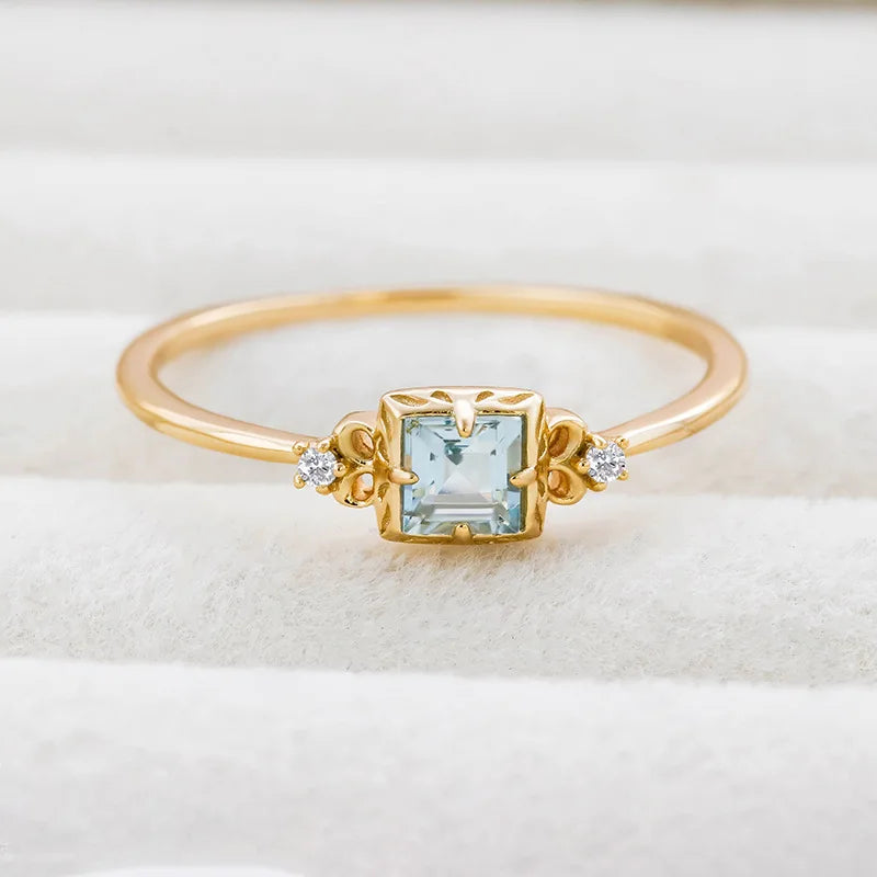Emotional Factory 925 Sterling Silver 14K Gold Plated Gemstone Simplicity Zircon Geometric Square Aquamarine Ring