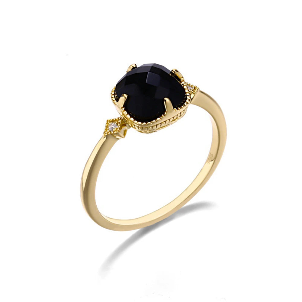 925 Sterling Silver 14K Gold Plated Gem Stone Gemstone Retro  Cz Zircon Geometric Square Black Agate Carnelian Onyx Ring