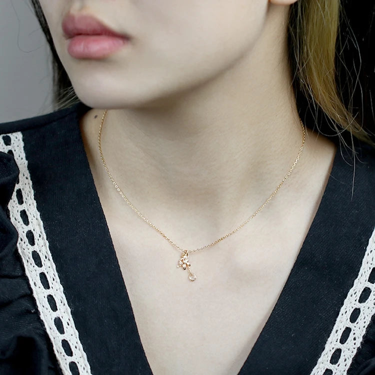 Emotional Factory 925 Sterling Silver 14K Gold Plated Gemstone Drop Leaf Crystal Double Pendant Necklace