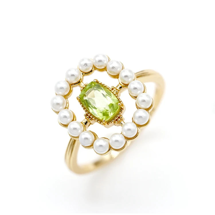 925 Sterling Silver 14K Gold Plated Gemstone Hollow Cross Green Peridot Geometry Pearl Ring