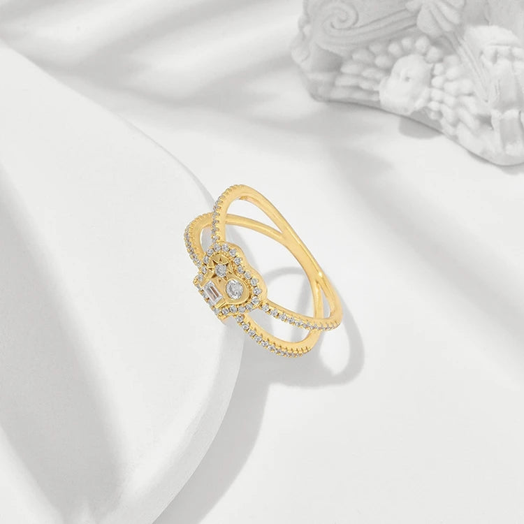 925 Sterling Silver 14K Gold Plated Zircon X Shaped Face Personalized Grimace Ring