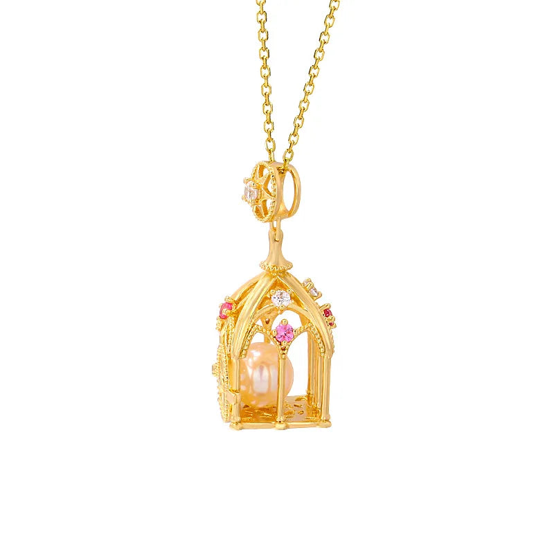 925 Sterling Silver 14K Gold Plated Fairy Tale Pumpkin Carriage Three-Dimensional Design Pearls Open Bird Cage Lockets Pendant