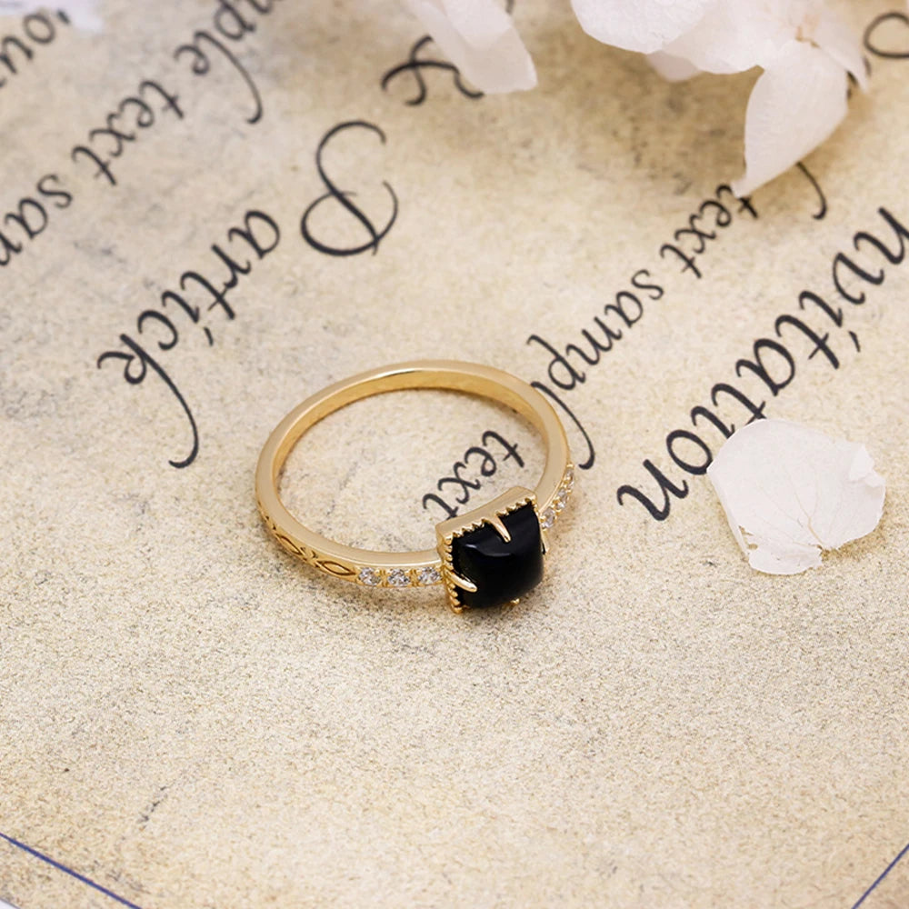 925 Sterling Silver 14K Gold Plated Gem Stone Gemstone Retro Cz Zircon Earrings Geometric Square Black Agate Carnelian Onyx Ring