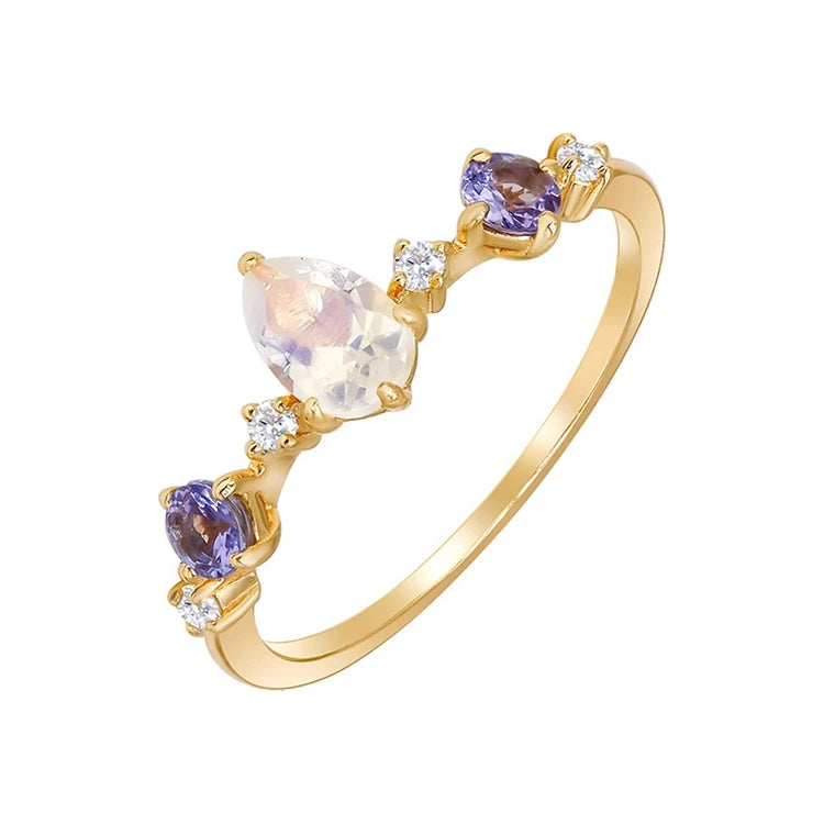 Emotional Factory 925 Sterling Silver 14K Gold Plated Gemstone Drop Tanzanite Zircon Stone Moonstone Ring