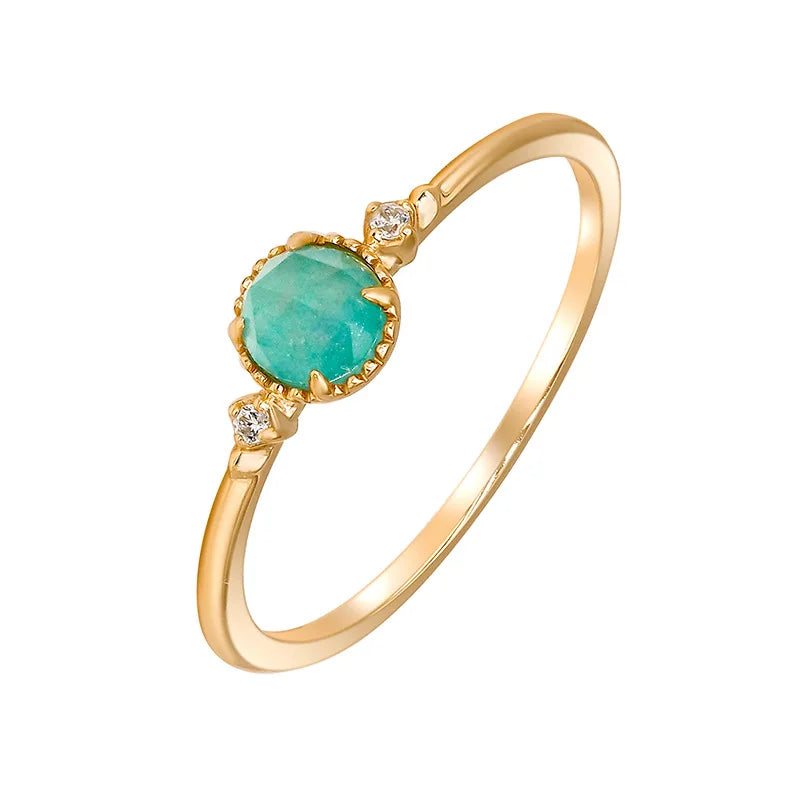 Factory 925 Sterling Silver 14K Gold Plated Gem Stone Gemstone Retro Cz Zircon Round Stone Amazonite White Rock Crystal Ring