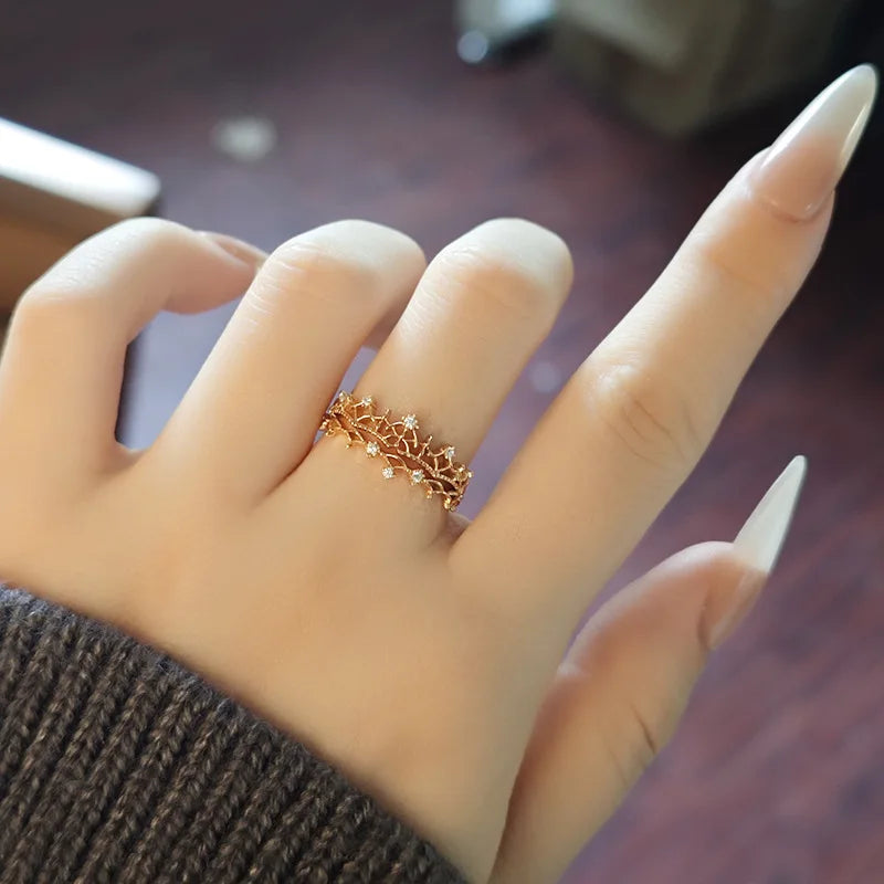 Emotional Factory 925 Sterling Silver 14K Gold Plated Gemstone Retro Advanced Stacking Niche Designs Ladylike Skeleton Lace Ring