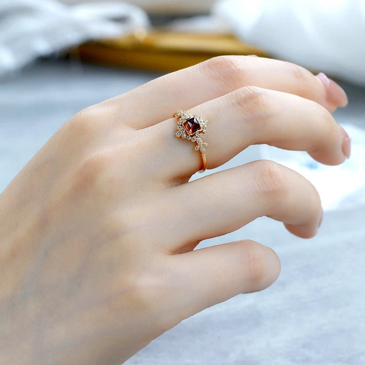 Emotional Factory 925 Sterling Silver 14K Gold Plated Gemstone Rutile Red Garnet Retro Style Zircon Ring