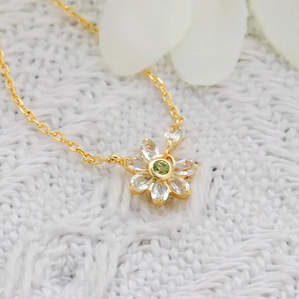 925 Sterling Silver 14K Gold Plated Gemstone Green Peridot White Topaz Flower Necklace