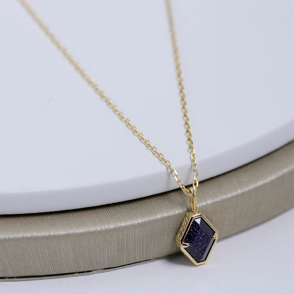 925 Sterling Silver 14K Plated Gemstone Blue Sand Gold Stone Sky Star Shaped Aventurine Necklace