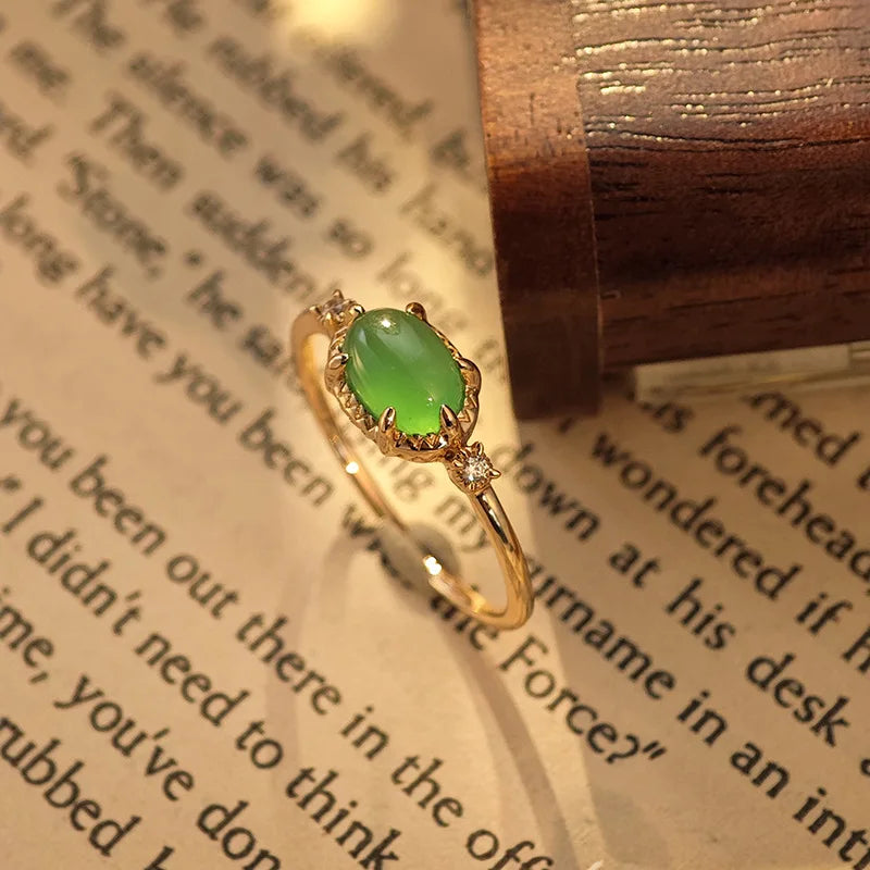 Emotional Factory 925 Sterling Silver 14K Gold Plated Gemstone Retro Cz Zircon Sample Chrysoprase Ring