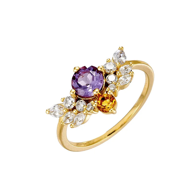 925 Sterling Silver 14K Gold Plated Gemstone Butterfly Natural Amethyst Lace Zircon Adjustable Pattern Stacked Relief Ring
