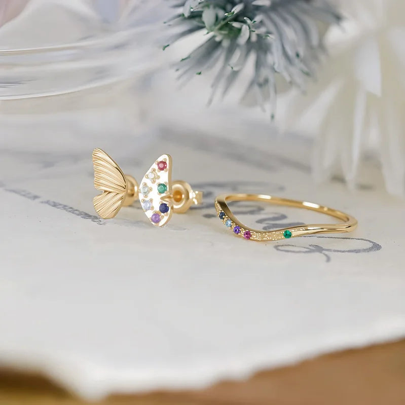 Emotional Factory 925 Sterling Silver 14K Gold Plated Gemstone Rainbow Thin Line Niche Design Colored Zircon Ring