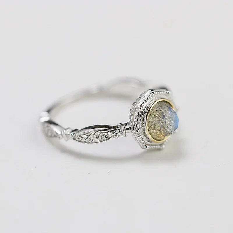 Emotional Bijoux Factory 925 Sterling Silver 14K Gold Plated Gemstone Retro Fashion Geometric Circle Labradorite Ring