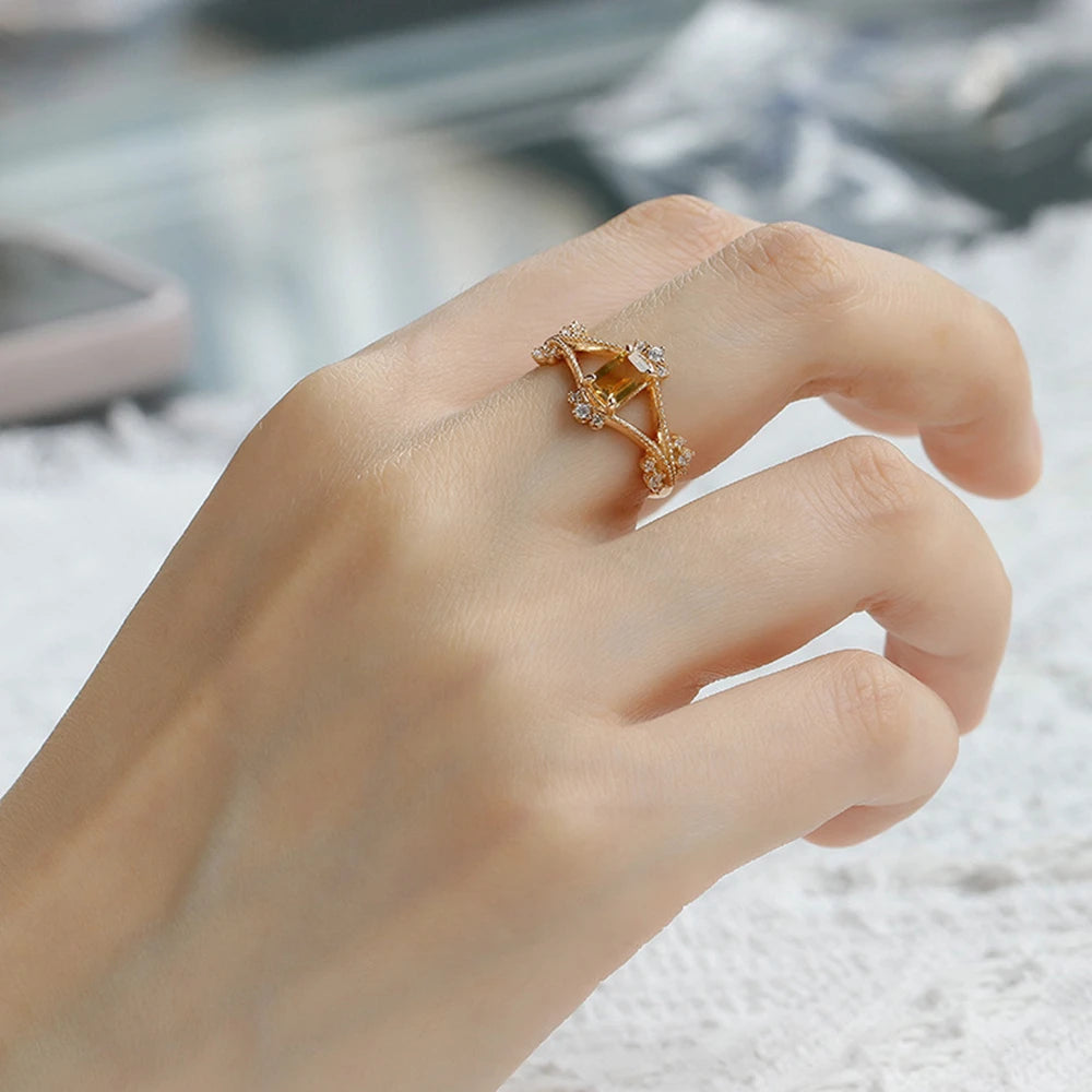 Emotional Factory 925 Sterling Silver 14K Gold Plated Gem Stone Gemstone Retro Hollow Geometric Square Zircon Citrine Ring