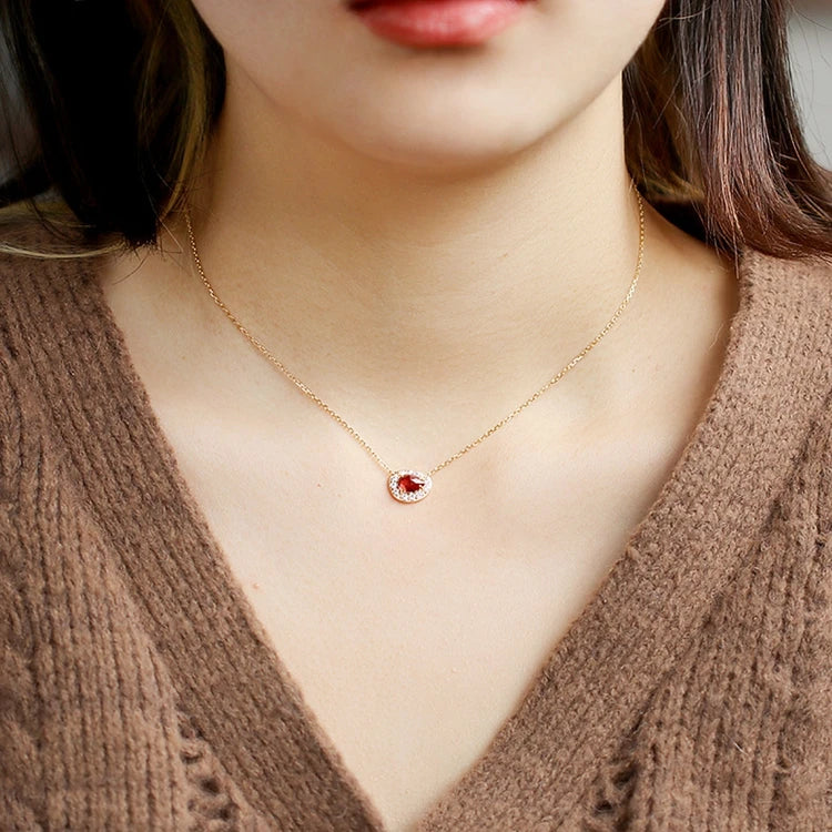 Emotional Factory 925 Sterling Silver 14K Gold Plated Gemstone Red Garnet Zircon Egg Shape Necklace