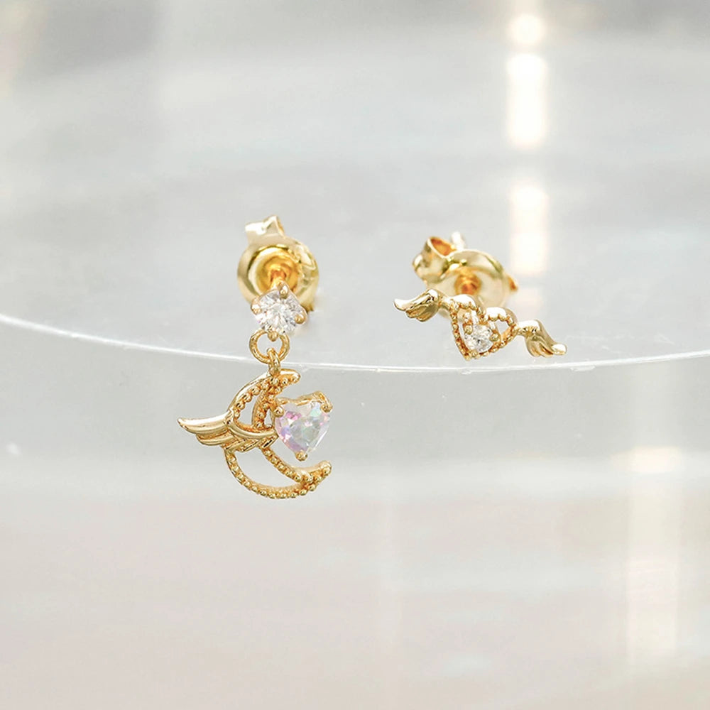 Emotional 925 Sterling Silver 14K Gold Plated Gem Stone Gemstone Flying Design Ring Moon Heart  Wings Quartz Stud Earrings