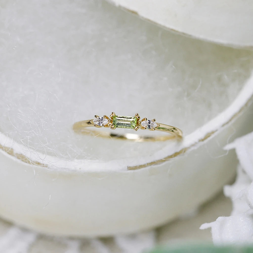Joyeria Al Por Mayor Factory 925 Sterling Silver Gold Plated Gemstone Cz Zircon Geometric Rectangular Stone Green Peridot Ring