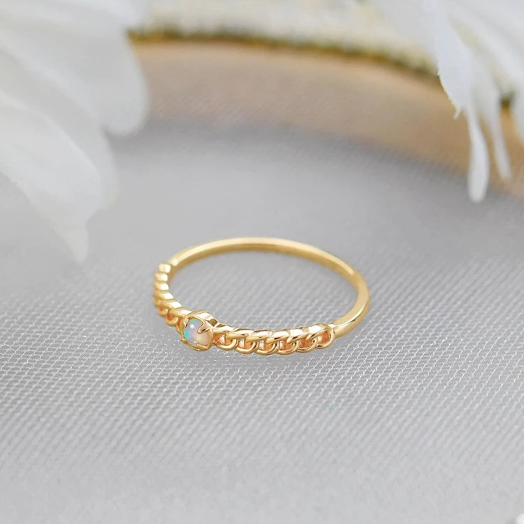 Emotional Factory 925 Sterling Silver 14K Gold Plated Gemstones Vintage Artificial Opal Simple Bead Chain Shaped Ring