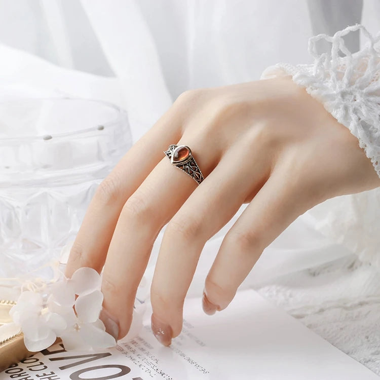 Emotional Factory 925 Sterling Silver 14K Gold Plated Gemstone Retro Drop Ring Artificial Amber Rings