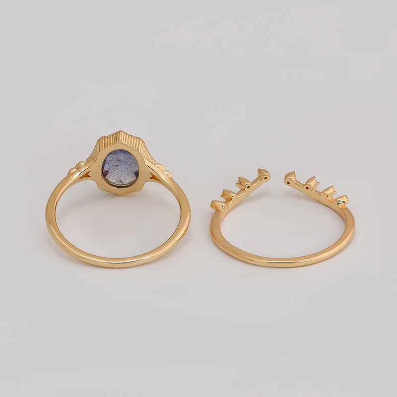 Japanese Light Luxury S925 Silver Plated 14K Gold Cordierite & Labradorite Stone Fine Ring