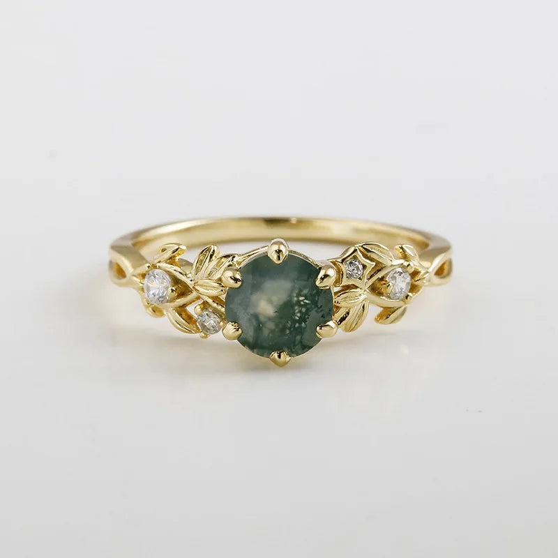 Emotional Factory 925 Sterling Silver 14K Gold Plated Gemstone Retro Cz Zircon Star Moss Agate Ring