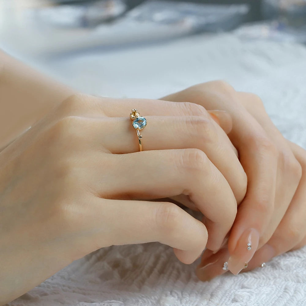 Emotional Factory 925 Sterling Silver 14K Gold Plated Gem Stone Gemstone Irregular Citrine Sky Blue Topaz Ring