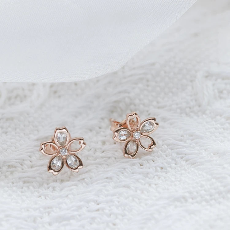Emotional Factory 925 Sterling Silver 14K Rose Gold Plated Gemstones Five-Leaf Flower White Zircon Cherry Blossom Earrings