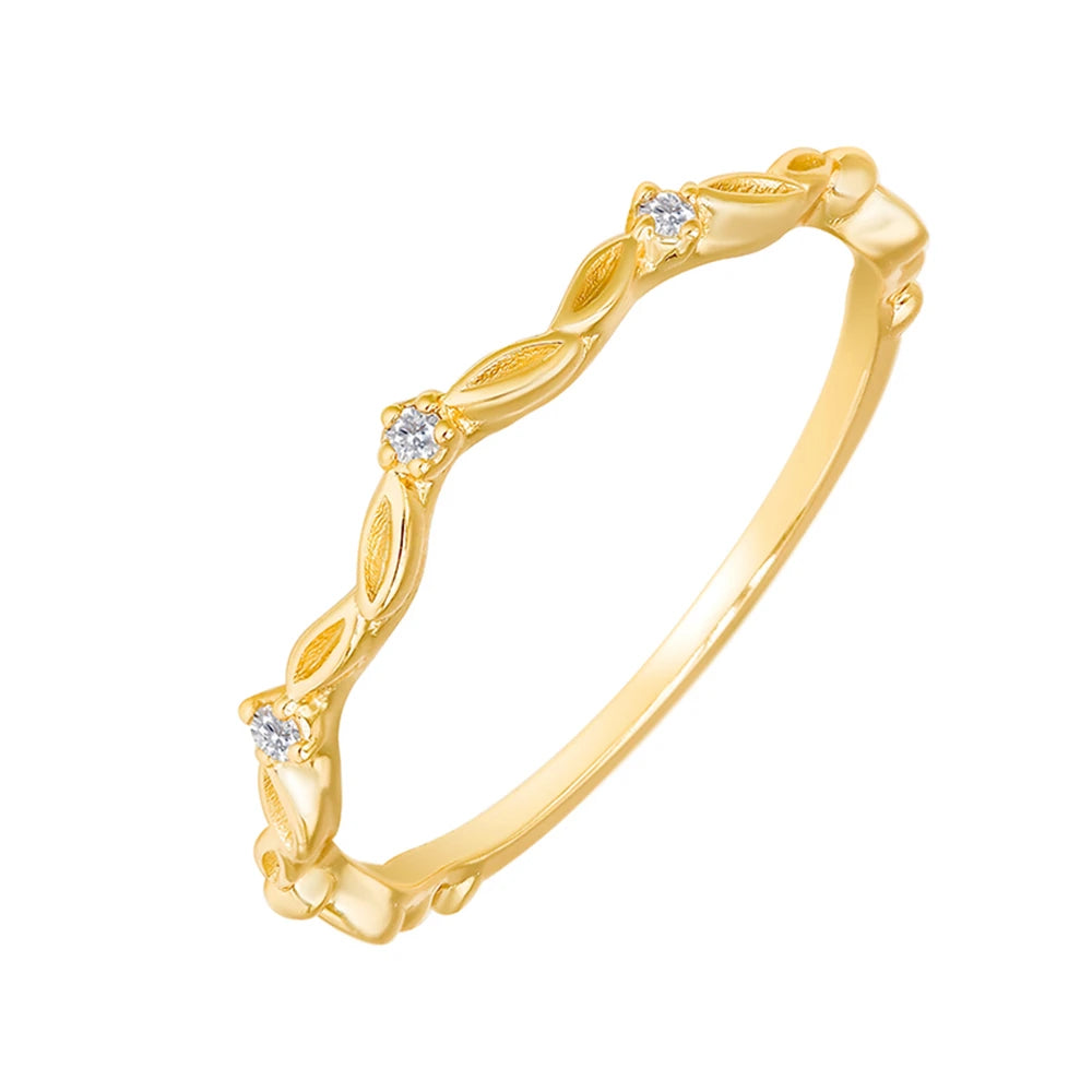 925 Sterling Silver 14K Gold Plated Gemstone Spring Element Style Leaf White Zircon Ring