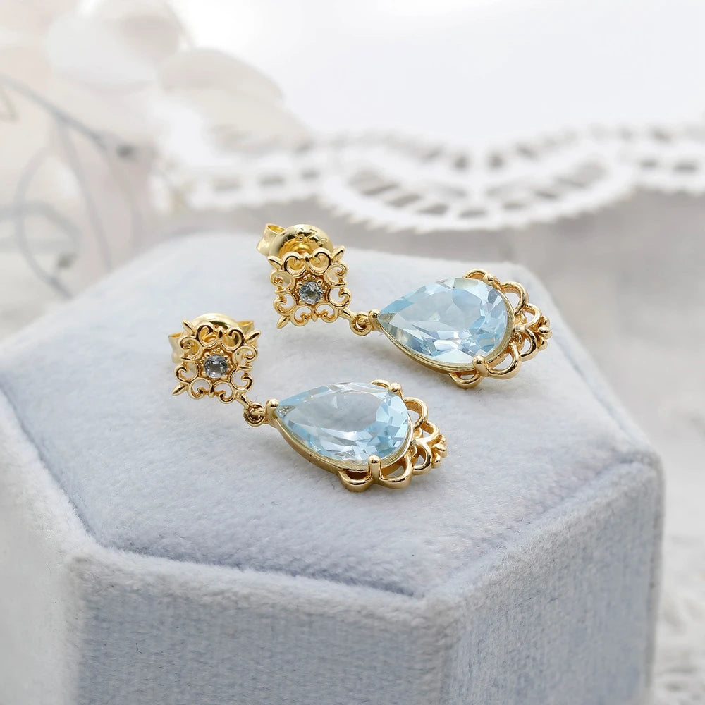 925 Sterling Silver 14K Gold Plated Gemstone French Vintage Court Style Drop Sky Blue Topaz Earrings