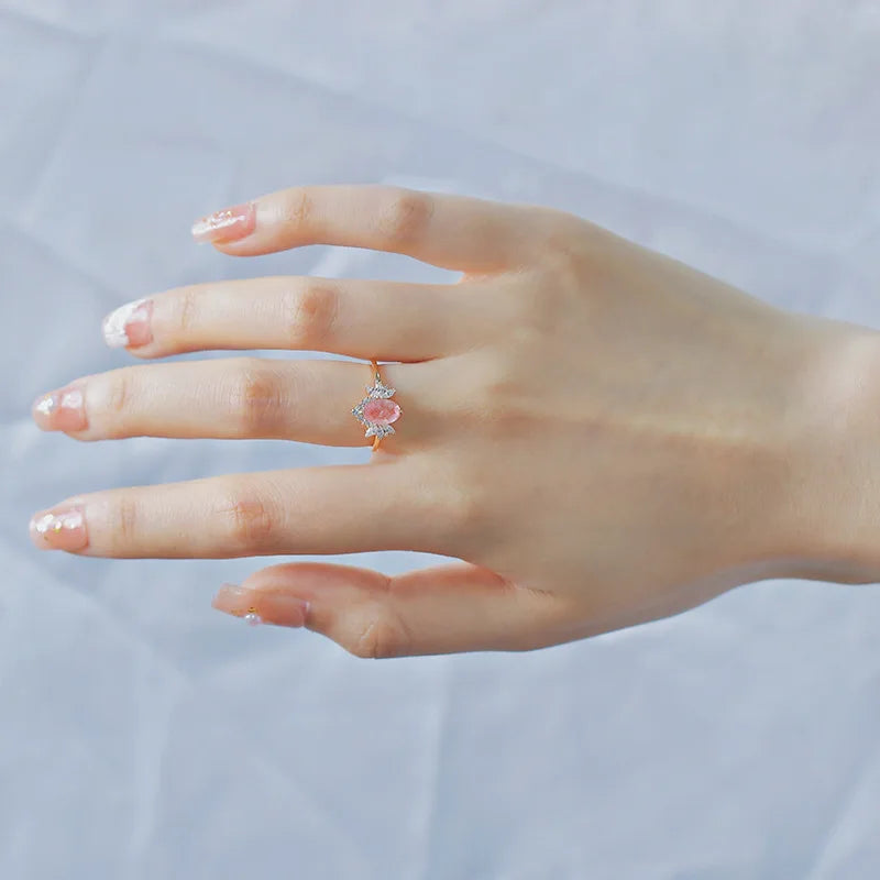 Thin Circle Butterfly Shape Pink Strawberry Crystal Ring