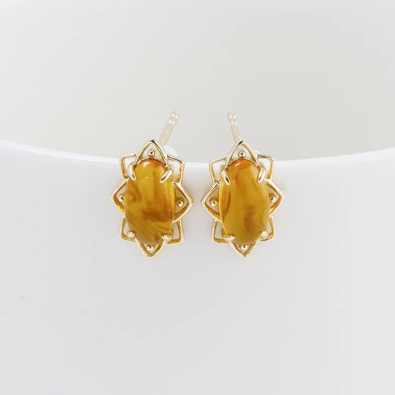 Emotional Factory 925 Sterling Silver 14K Gold Plated Gemstone Flowers Sun  Shaped Synthetic Amber Earrings