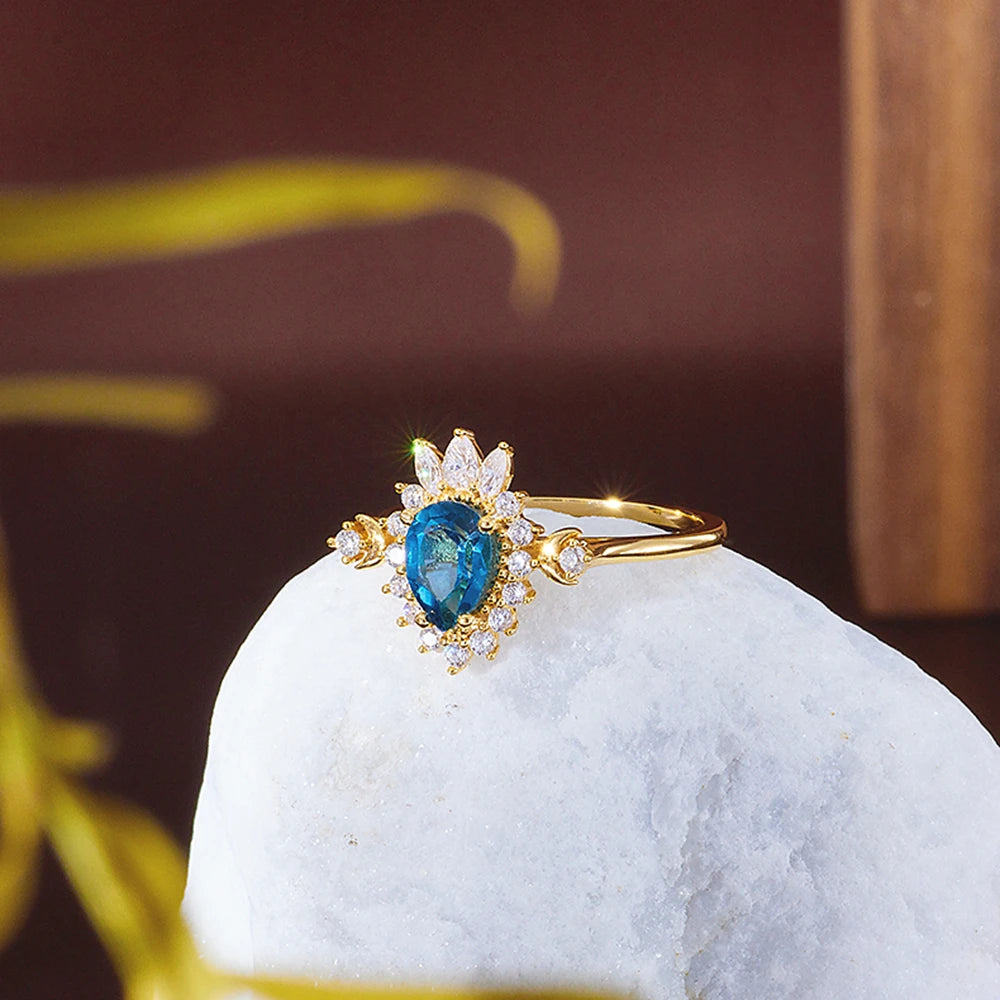 Emotional Factory Jewelry 925 Sterling Silver 14K Gold Plated Gemstone Series Sun Moon London Blue Topaz Ring