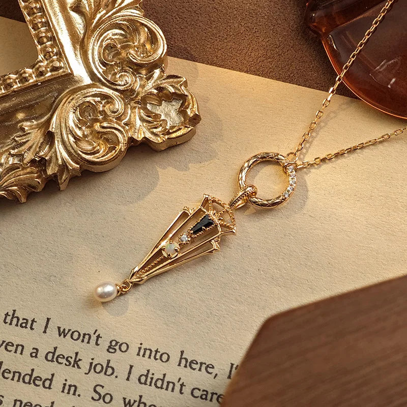 Emotional Factory 925 Sterling Silver 14K Gold Plated Gemstone Geometric Arrow Pear Opal Necklace