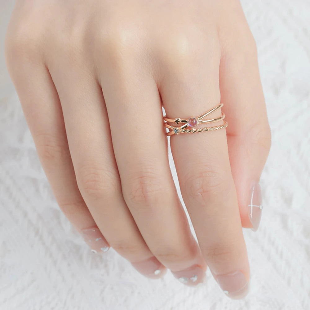 Natural Moonstone Hollow Track Star Triple Ring