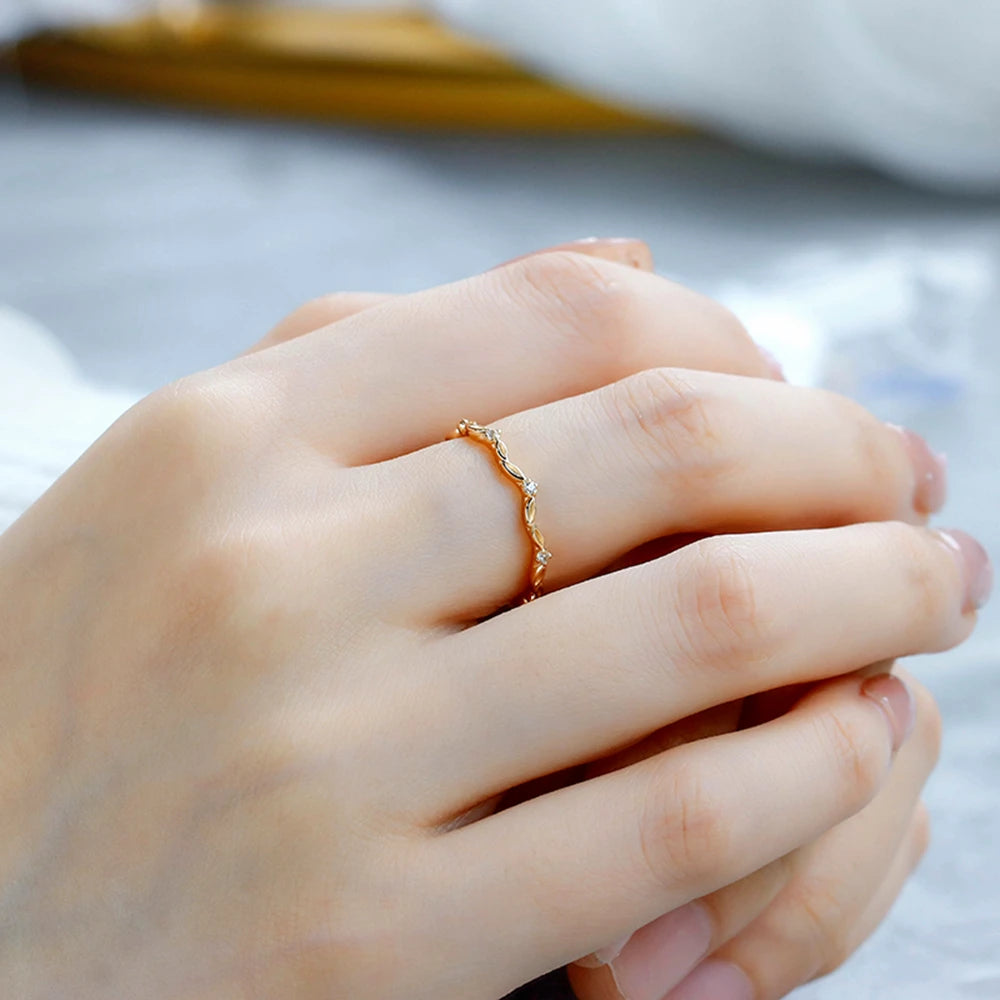 925 Sterling Silver 14K Gold Plated Gemstone Spring Element Style Leaf White Zircon Ring