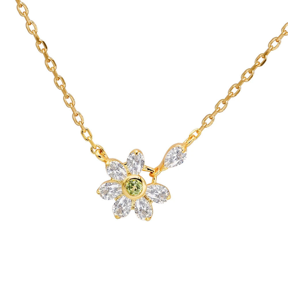 925 Sterling Silver 14K Gold Plated Gemstone Green Peridot White Topaz Flower Necklace