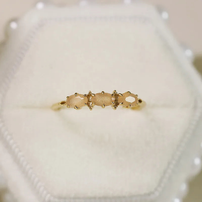 Emotional Factory 925 Sterling Silver 14K Gold Plated Gemstone Three Stones Small Fresh Orange Moonstone Ring
