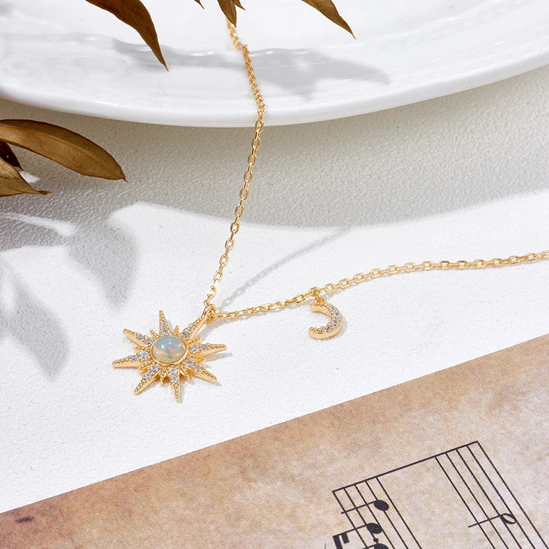 Emotional Factory Jewelry 925 Sterling Silver 14K Gold Plated Gemstone Series African Opal Gems Moon Sun Necklace