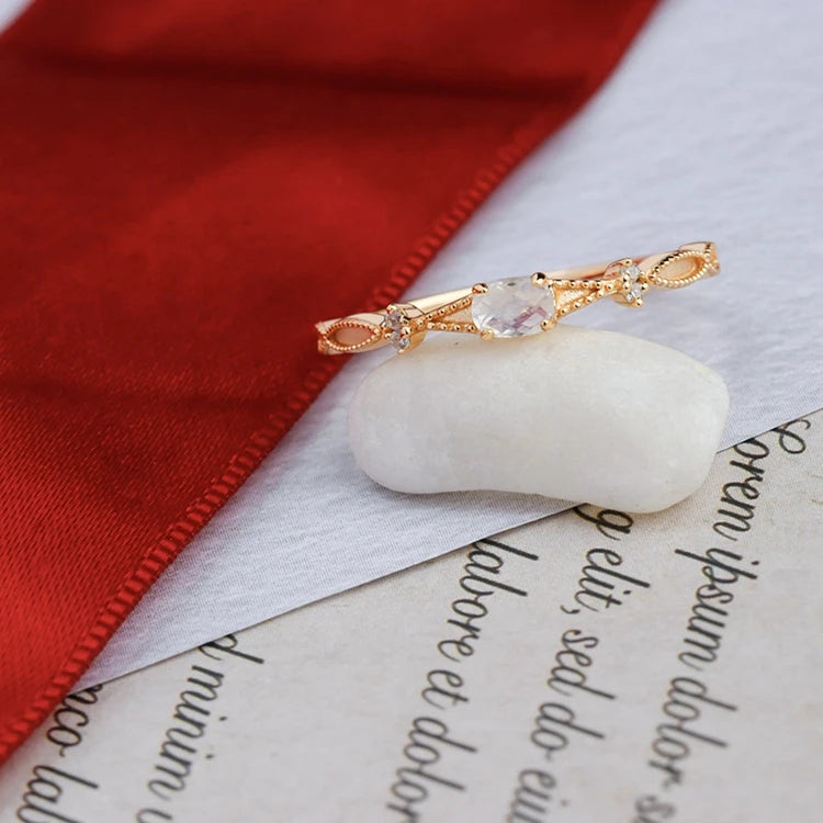 925 Sterling Silver 14K Gold Plated Gemstone Zircon Natural Moonstone Slim Ring