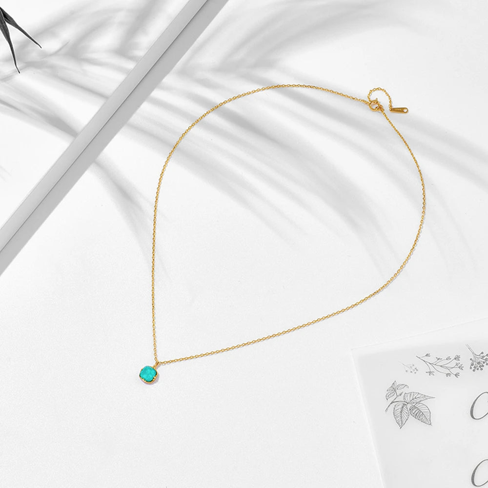 Emotional Factory 925 Sterling Silver 14K Gold Plated Gemstone Series White Crystal Natural Square Turquoise Geometry Necklace