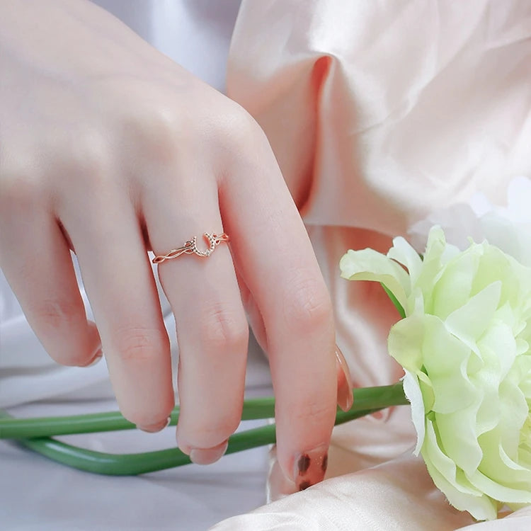 925 Sterling Silver 14K Gold Plated Lucky Horseshoe Openwork Lace U Shaped Ring