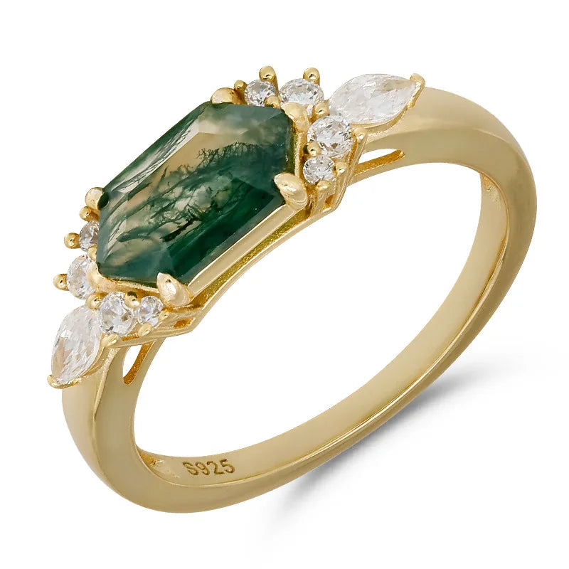 Emotional Anel De Casal Factory 925 Sterling Silver 14K Gold Plated Gemstone Cz Zircon Geometric Hexagon Moss Agate Ring