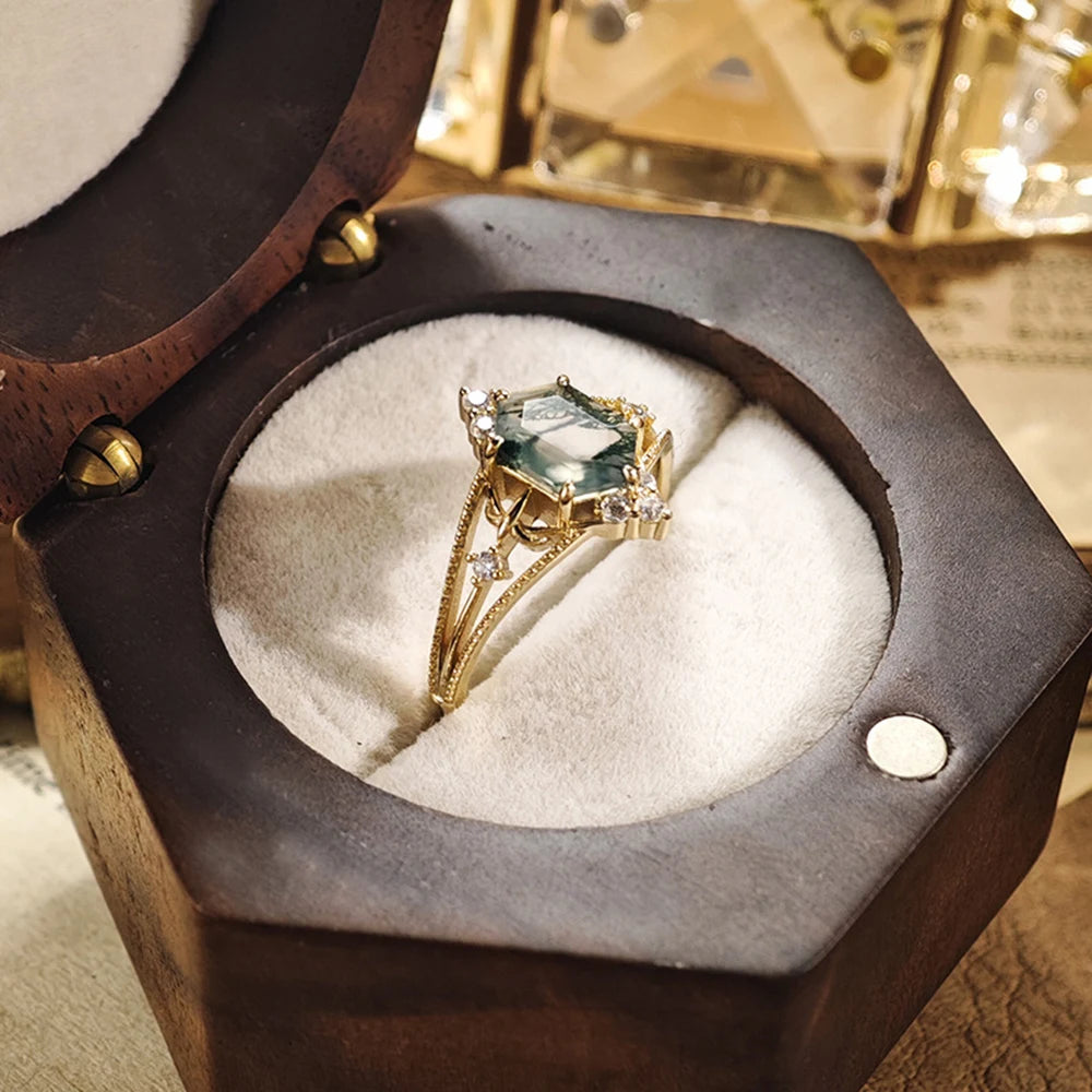 Emotional Factory 925 Sterling Silver 14K Gold Plated Gemstone Cz Zircon Hollow Geometric Rhombus Moss Agate Ring