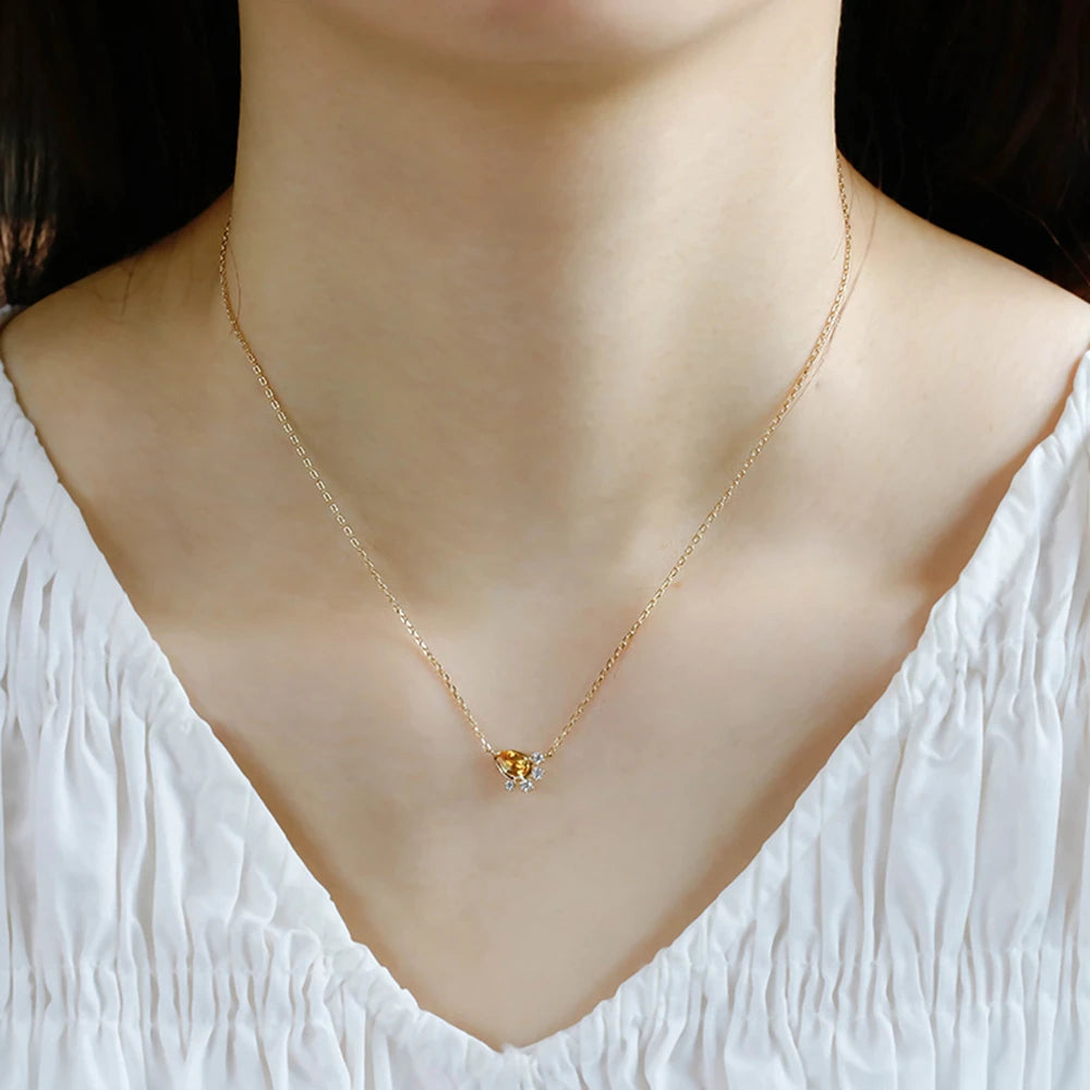 925 Sterling Silver 14K Gold Plated Gemstone Zircon Petals Drop Citrine Necklace With Natural Stone