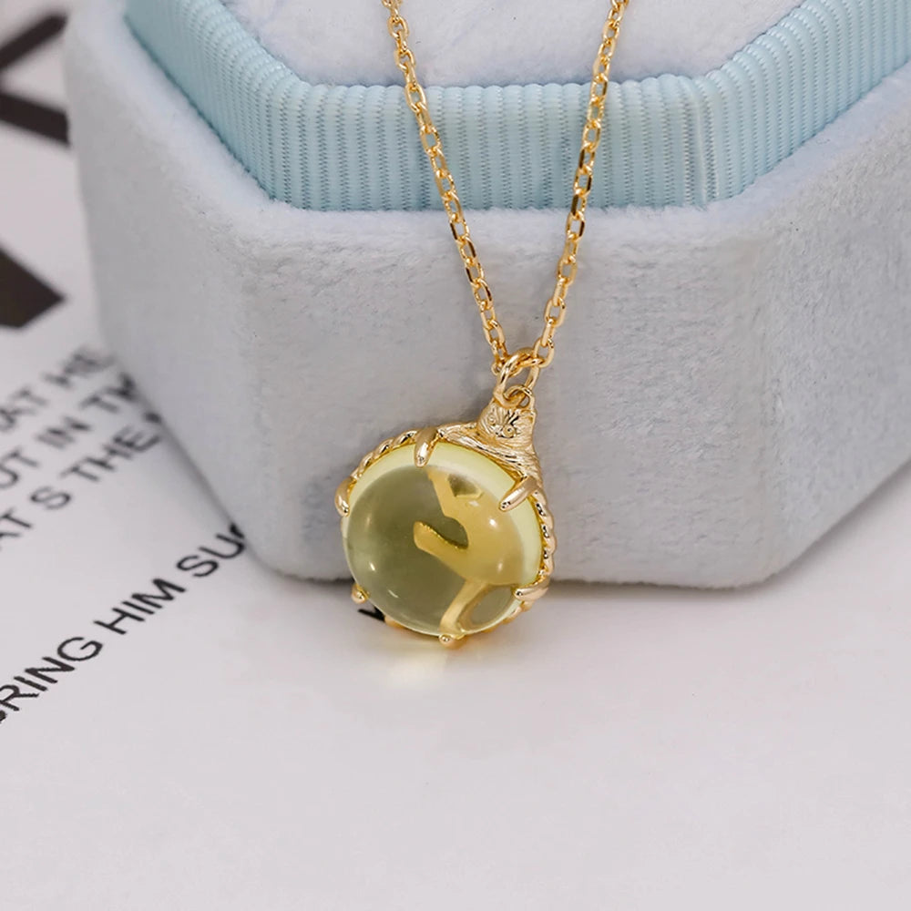 Emotional 925 Sterling Silver 14K Gold Plated Gemstone Cute Cat Golden Tea Crystals Necklace