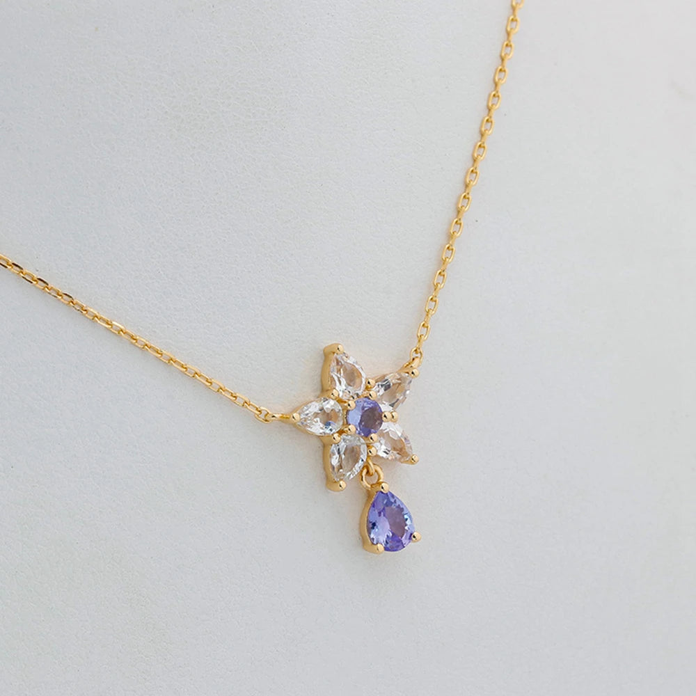 Emotional Factory 925 Sterling Silver 14K Gold Plated Gem Stone Gemstone Tanzanite Zircon Eustoma Flower White Topaz Necklace