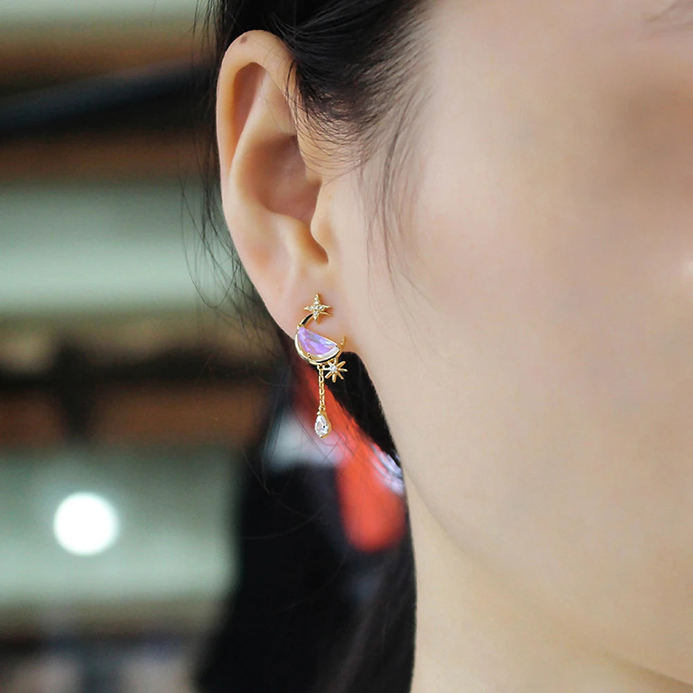 Round Quartz Semi Circle Star Hollow Earrings