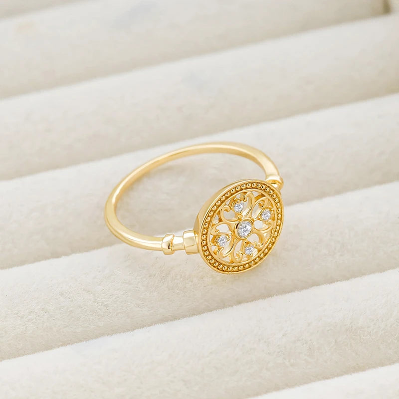 Dunli Jewelry Spring 2024 New Product Retro Style Hollow Pattern S925 Silver Plated 14K Gold White Zircon Ring